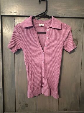 ana Ribbed Button-Up Polo Top - Purple